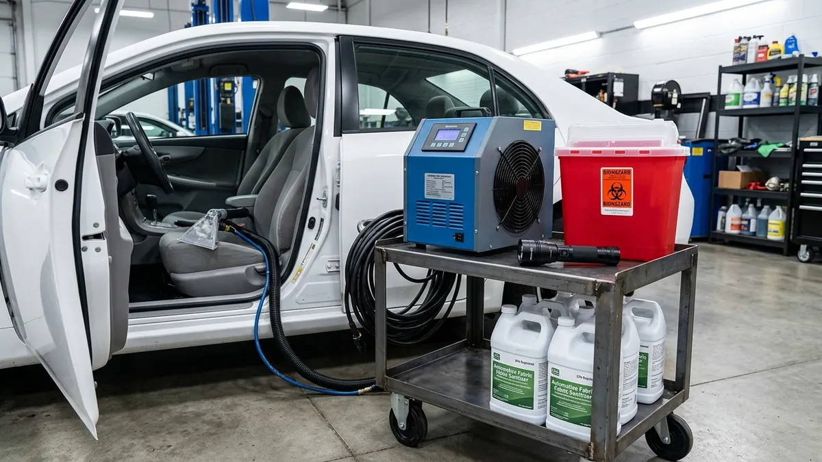 Specialized vehicle biohazard remediation equipment with upholstery extractor, hydroxyl generator, and EPA disinfectants staged next to an automobile