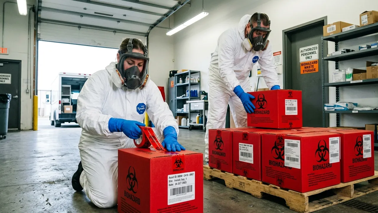 Technicians securing Illinois PIMW regulated medical waste containers for transport in Chicago