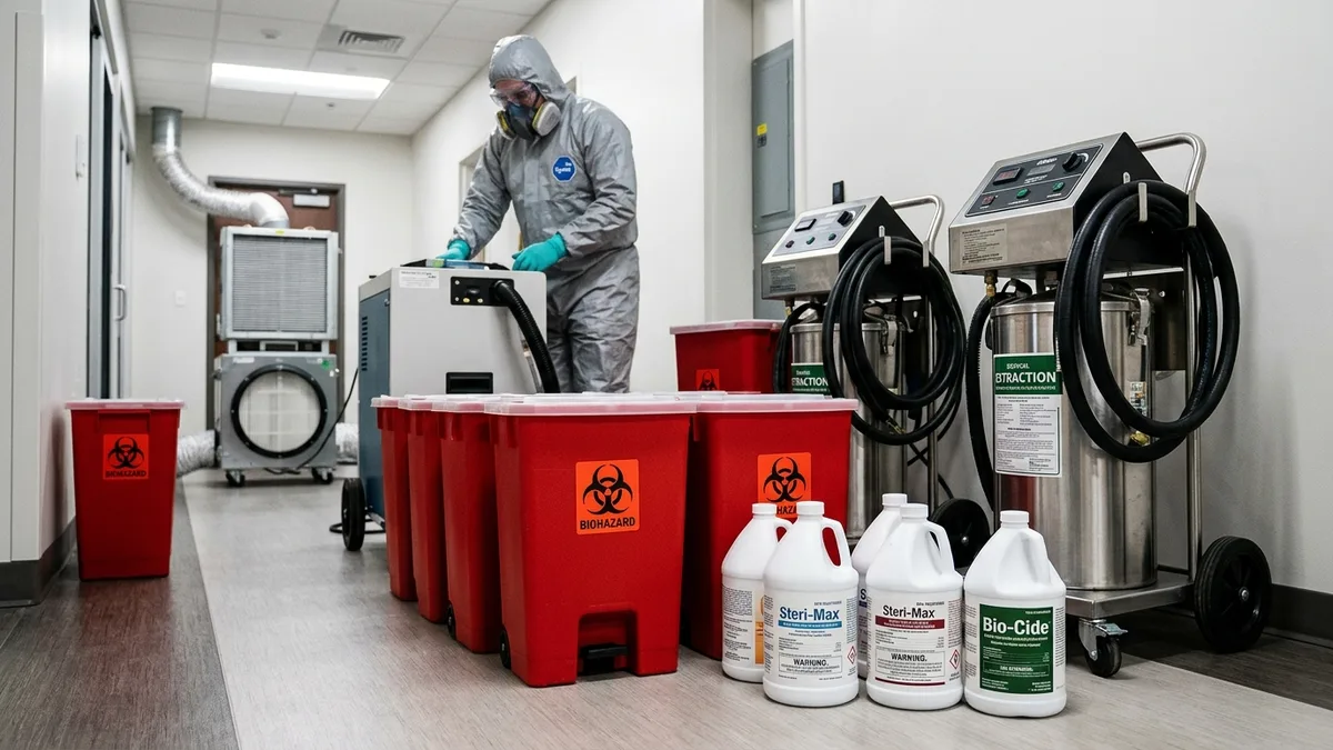 Technician applying broad-spectrum hospital-grade virucide for bloodborne pathogen decontamination in Chicago