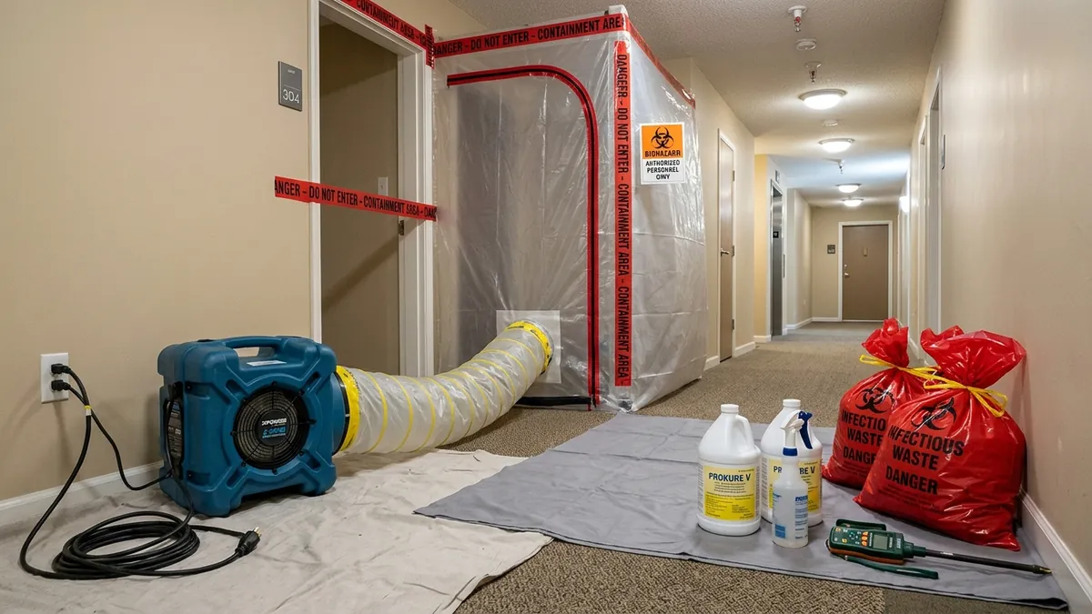 Forensic remediation containment setup in a residential Chicago home for insurance-covered decontamination
