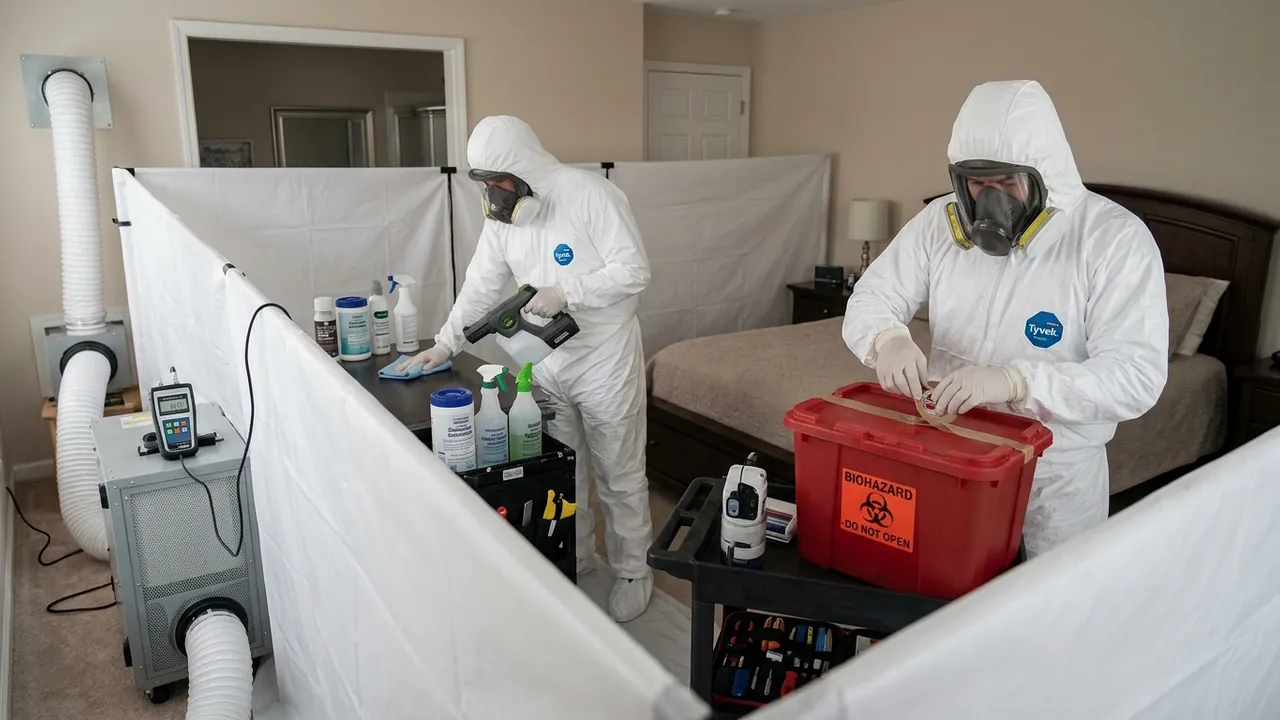 Crime scene cleanup technicians in protective gear decontaminating a residential property in Chicago