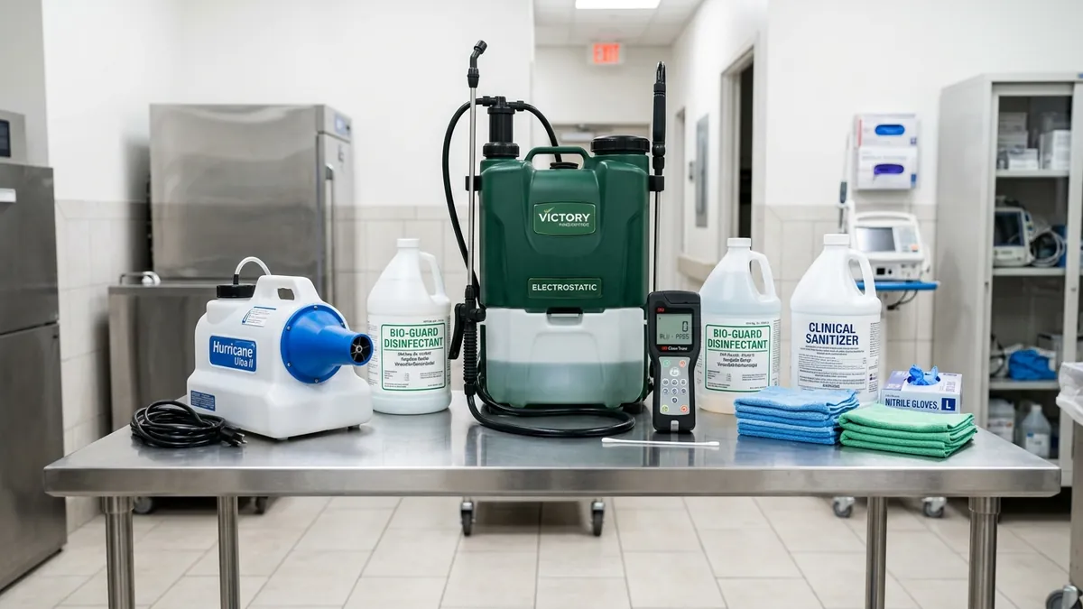 Commercial electrostatic disinfection sprayer, ULV cold fogging unit, and EPA hospital germicides staged on a stainless steel clean table