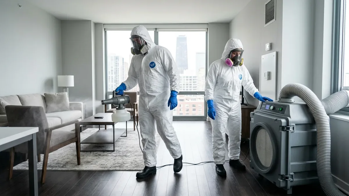 Commercial biohazard emergency remediation equipment including negative air scrubber, medical waste disposal packaging, and hospital-grade sanitization chemicals staged at an active Chicago incident site