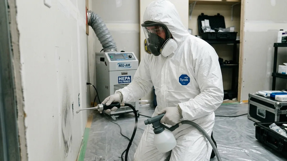 Specialized biohazard technician neutralizing chemical fingerprint residue and applying clinical decontamination misting in a Chicago property