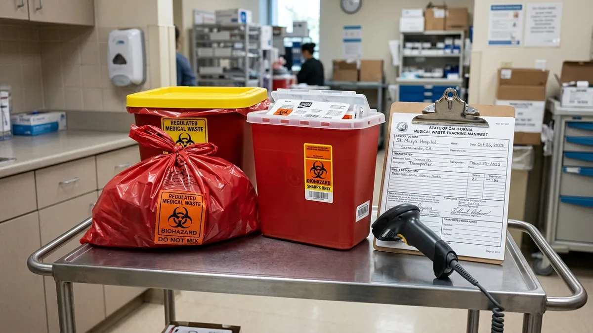 Compliant Potentially Infectious Medical Waste packaging with red sharps container, biohazard bag, and regulatory tracking manifest on clipboard