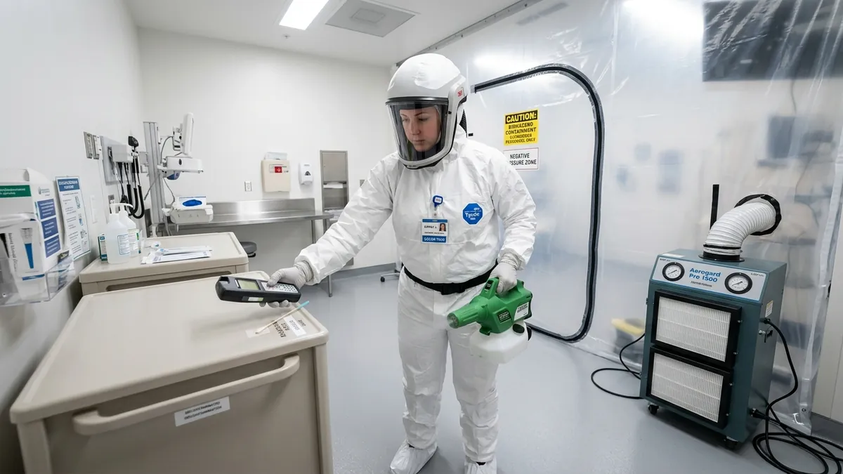 Specialized biohazard decontamination technician performing broad-spectrum chemical fogging and surface sanitization inside an isolated containment zone