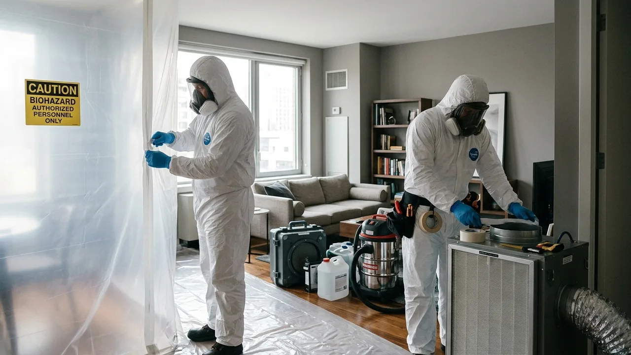 Unattended death cleanup technician preparing negative pressure containment in Chicago