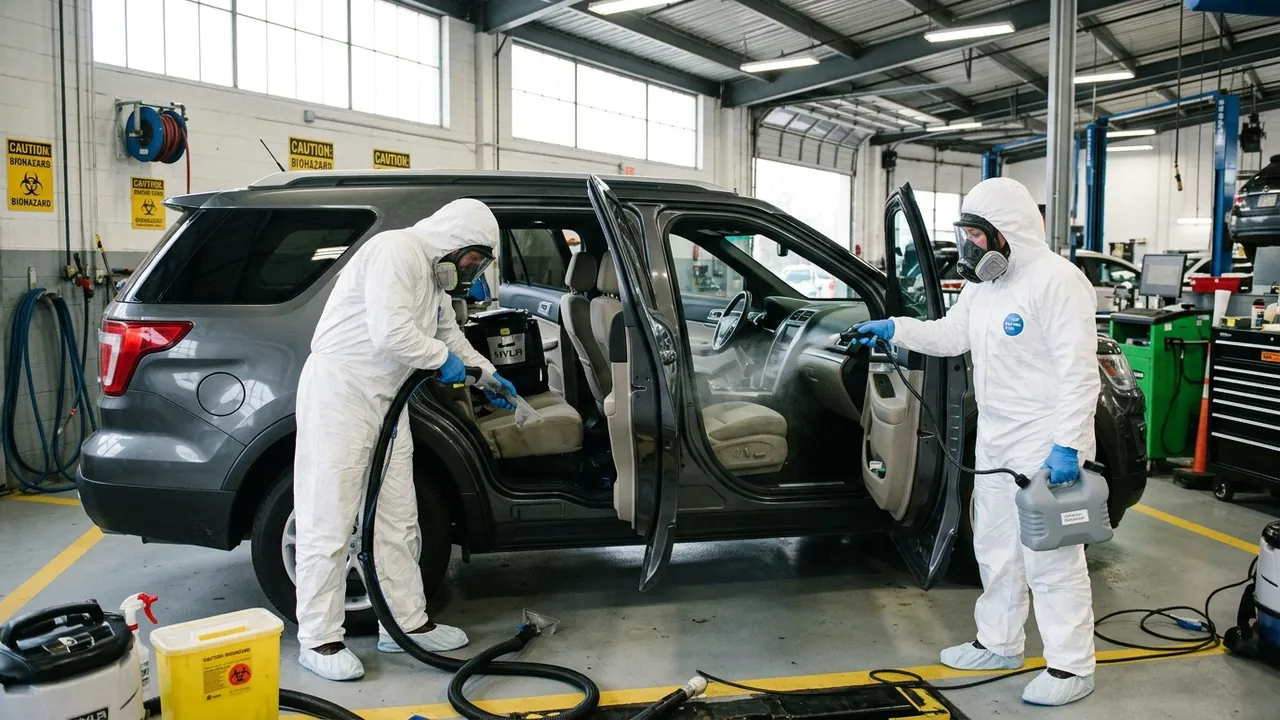 Technician decontaminating the interior cabin of a vehicle impacted by biological contamination in Chicago